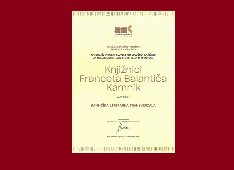 Kamniška literarna transverzala najboljši projekt na področju dela z uporabniki